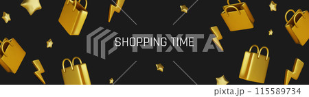 Black Friday super sale. Promo background with realistic 3d cartoon style elements, black gift, percent symbols, stars, percent symbols. Promotion banner, web poster. vector illustration 115589734