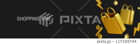 Black Friday super sale. Promo background with realistic 3d cartoon style elements, black gift, percent symbols, stars, percent symbols. Promotion banner, web poster. vector illustration 115589744