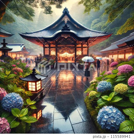 梅雨の時期にお寺のあじさいが咲いている 115589941