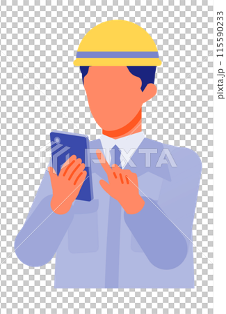一名穿著工作服的男子用智慧型手機解決問題的插圖 一名穿著工作服的男子用智慧型手機解決問題的插圖 115590233