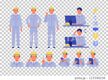 Illustration of a man in work clothes solving a problem Problem solving Illustration of a man in work clothes solving a problem Problem solving 115590236