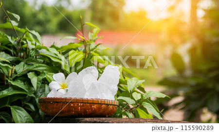 A basket filled with white alum crystals sits on a vibrant green shrub background. 115590289