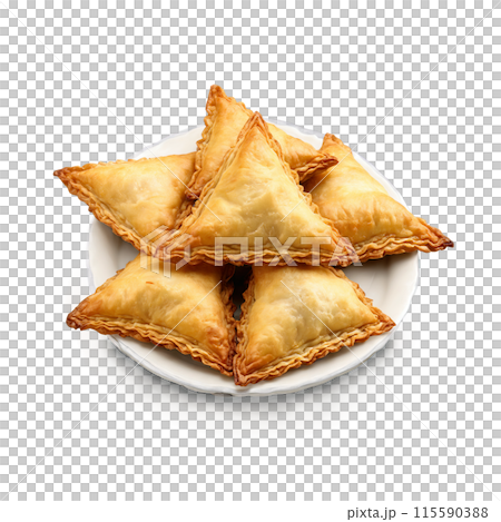 Samosas with crispy pastry spiced potato filling suspended and steaming Food and culinary concept 115590388