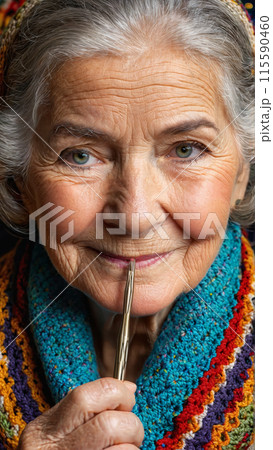 An elderly woman with a crochet hook a gentle smile and a colorful blanket her 115590460