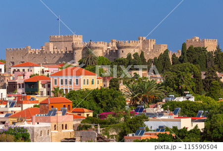 Scenic view of the historical part of Rhodes at dawn. 115590504