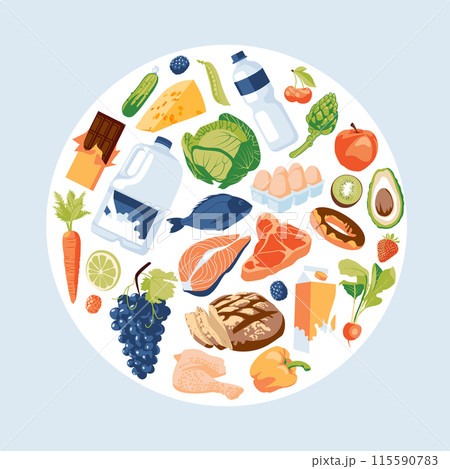 Set of food and drink grocery store objects. Advertising local shopping. Square and circle design composition. Vector flat illustration 115590783