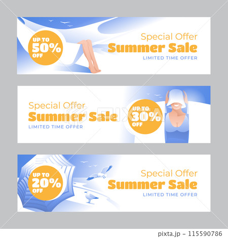 Set of three horizontal banners. Summer season discount advertising. A symbol of the holiday season. Vector illustration 115590786