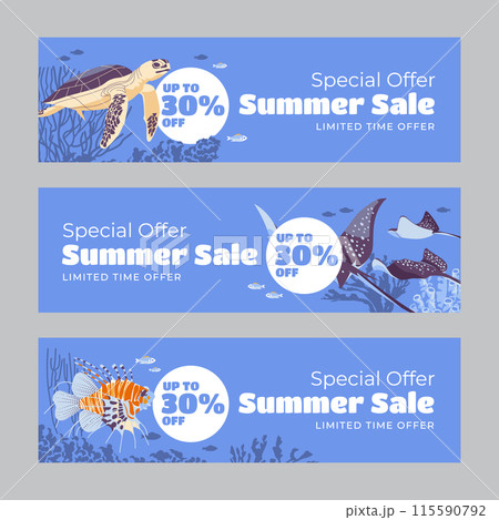 Set of three horizontal banners. Summer season discount advertising. Underwater animals from the coral reef. Diving. Vector illustration Set of three horizontal banners. Summer season discount advertising. Underwater animals from the coral reef. Diving. Vector illustration 115590792