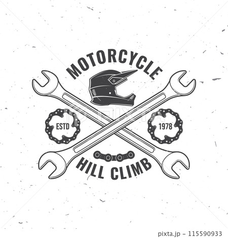 Motorcycle hill climb logo, badge, sticker. Vector. Extreme sport with motorcycle helmet, chains, brake disc and wrenches. Monochrome style 115590933