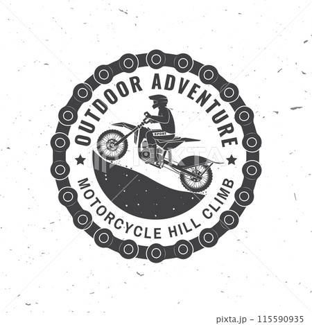 Motorcycle hill climb logo, badge, sticker. Vector illustration. Extreme sport with motorbike for extreme jump and race in mountains. Monochrome style man riding in helmet on a motorcycle 115590935