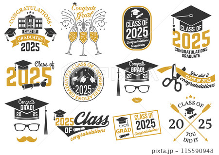 Set of Class of 2025 badges Concept for shirt, print, seal, overlay or stamp, greeting, invitation card. Typography design- stock vector. Set of Class of 2025 badges Concept for shirt, print, seal, overlay or stamp, greeting, invitation card. Typography design- stock vector. 115590948