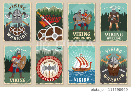 Set of viking warrior retro posters. Vector illustration. Flyer, brochure, banner template design with a viking in helmet with crossed battle axe, sword and nordic ship Set of viking warrior retro posters. Vector illustration. Flyer, brochure, banner template design with a viking in helmet with crossed battle axe, sword and nordic ship 115590949