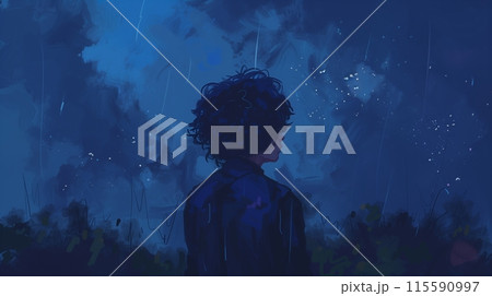 Silhouetted figure observing the milky way magnificence on a starry night Silhouetted figure observing the milky way magnificence on a starry night 115590997