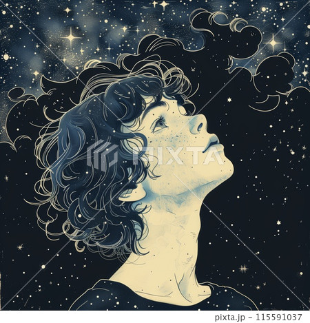 Silhouetted figure observing the milky way magnificence on a starry night 115591037