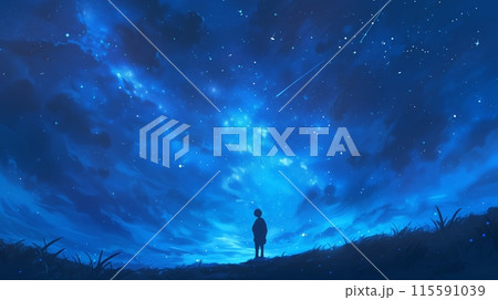 Silhouetted figure observing the milky way magnificence on a starry night 115591039