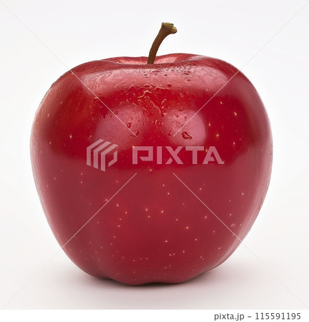 A glossy red apple perfectly centered on a pure white background in a high-resolution close-up 115591195