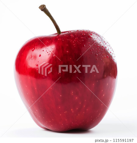 Glossy red apple with water droplets isolated on a pure white background in a close-up view 115591197