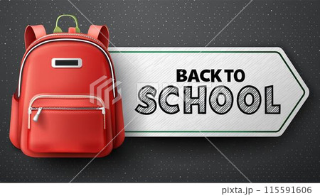 Back to school white sign with red bag isolated on black background 115591606