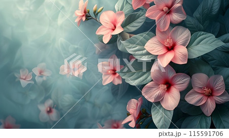 Flowers, leaves and plants are presented in soft colors and pastels. The concept is to stay connected with nature. Flowers, leaves and plants are presented in soft colors and pastels. The concept is to stay connected with nature. 115591706