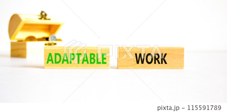 Adaptable work symbol. Concept words Adaptable work on beautiful wooden block. Beautiful white paper background. Wooden chest with coins. Business Adaptable work concept. Copy space. 115591789