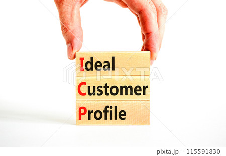 ICP ideal customer profile symbol. Concept words ICP ideal customer profile on beautiful wooden blocks. Beautiful white background. Business ICP ideal customer profile concept. Copy space. 115591830