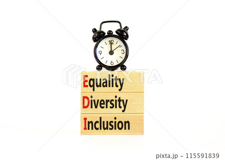 EDI equality diversity inclusion symbol. Concept words EDI equality diversity inclusion on blocks. Beautiful white background. Business EDI equality diversity inclusion concept. Copy space. 115591839
