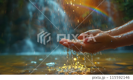 There is clean water in the palms of a person. The concept of the value of water resources, gratitude for the gifts of nature, World Water Day, World Environment Day, World Wildlife Day 115592146