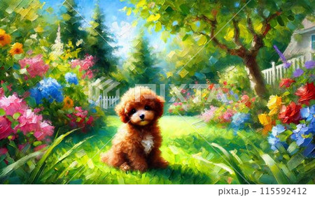 夏のお庭でお座りした子犬 夏のお庭でお座りした子犬 115592412