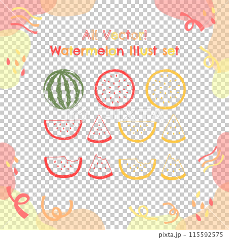手書き風　2色のすいかとアブストラクト素材の線画ベクターイラストセット 115592575