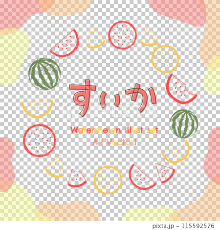 手書き風　2色のすいかとアブストラクト素材の線画フレームベクターイラストセット 115592576