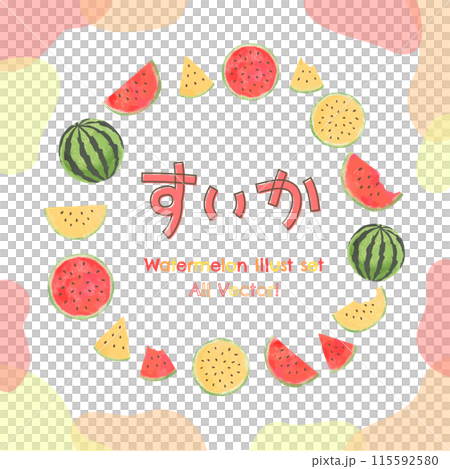 水彩風　2色のすいかとアブストラクト素材の線画フレームベクターイラストセット 115592580