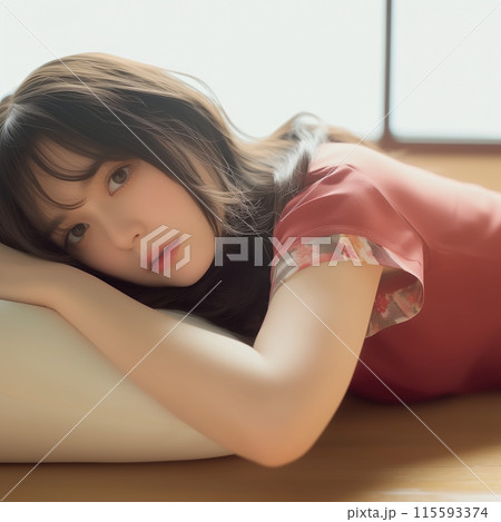 ベッドに寝転ぶ女性 ベッドに寝転ぶ女性 115593374