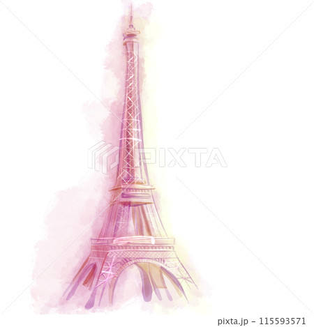 Watercolor drawing of Eiffel tower in Paris on white background, isolated, romantic style 115593571
