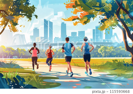 fitness friends are jogging and talking about a fun race by Generative AI fitness friends are jogging and talking about a fun race by Generative AI 115593668