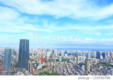 東京都港区、東京タワーと麻布台ヒルズ森JPタワーの風景 115593706
