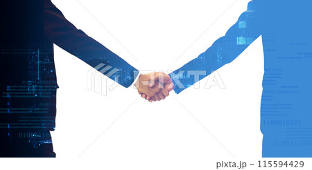 Two people in suits are shaking hands, symbolizing agreement and partnership, with a digital overlay background. Two people in suits are shaking hands, symbolizing agreement and partnership, with a digital overlay background. 115594429