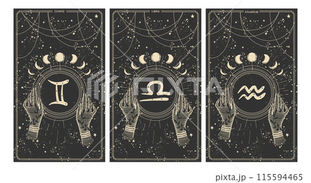 Gemini, Libra, Aodolay, set of cards with zodiac signs in vintage style on black background. Vintage vector illustration of astrology. 115594465