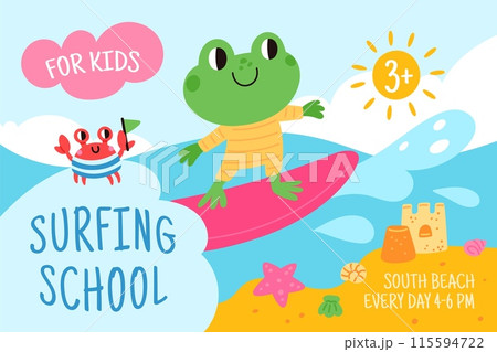 Animals on beach. Cute cartoon frog. Surfing school kids banner. Crab on sandy coast. Sea holidays. Summer sunny time. Happy froglet on surfboard. Ocean waves. Garish vector concept Animals on beach. Cute cartoon frog. Surfing school kids banner. Crab on sandy coast. Sea holidays. Summer sunny time. Happy froglet on surfboard. Ocean waves. Garish vector concept 115594722