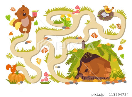 Bear sleeps in den. Cub is looking for right way. Preschool kids educational game maze. Children labyrinth worksheet. Help animal to find path leading to hole. Splendid vector concept 115594724