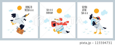 Cartoon seagull cards. Funny sailor birds in hat, bandana and sunglasses. Cute text with wordplay. Ocean mascot. Summer travel. Marine flying animals. Sea vacation. Garish vector set 115594731