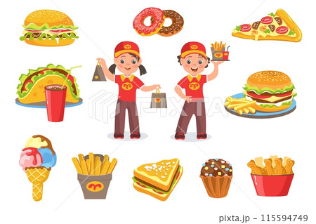 Fastfood restaurant. Little bistro workers. Boy and girl in uniform holding food packages. Cafe staff. Hotdog and fries potato. Cashier and waiter with meal tray. Splendid vector set 115594749