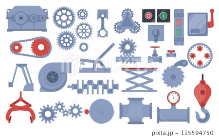 Flat machinery details. Different industrial elements and mechanism parts. Technical gears. Pinion and shaft. Steel cogwheel. Pump and loader. Factory engineering equipment vector set 115594750
