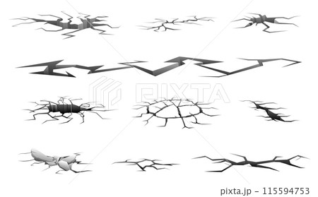 Ground cracks. Earthquake effects. Damaged surface. Holes in ruin floor. Destruction cleft. Road split. Grungy fissure. Land erosion. Wall wrecking. Damaged dried elements vector set 115594753