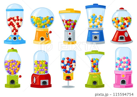 Gum ball vending machine. Round colored candies for children. Cartoon bubblegum. Different shapes dispensers. Chewing sweets. Food selling equipment. Gachapon spheres. Recent vector set 115594754