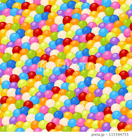 Gum balls seamless pattern. Children color round bubble gums. Repeated print. Sweets and candies heap. Game zone elements. Playroom spheres pool. Gumball dragee. Recent vector background 115594755