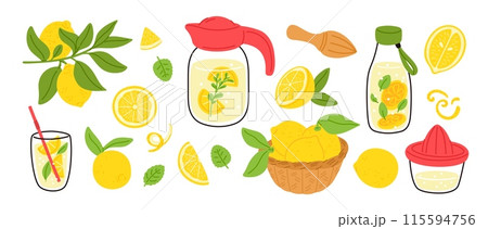Homemade lemonade. Fresh summer citrus drink with sugar and mint leaves. Juicy sour fruits in water. Glass jugs and bottles. Refreshing beverage cooking. Lemon soda. Garish vector set 115594756