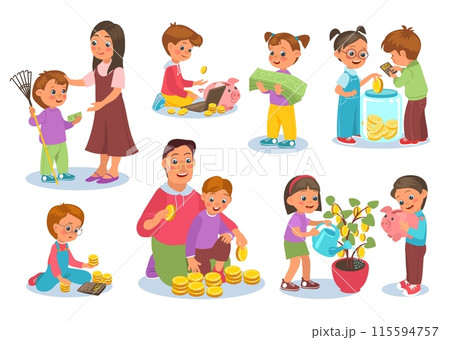 Kids financial literacy. Boys and girls hoarding coins. Dollar banknotes saving. Parents pay children for help. Money tree. Commercial education. Revenue planning. Splendid vector set 115594757