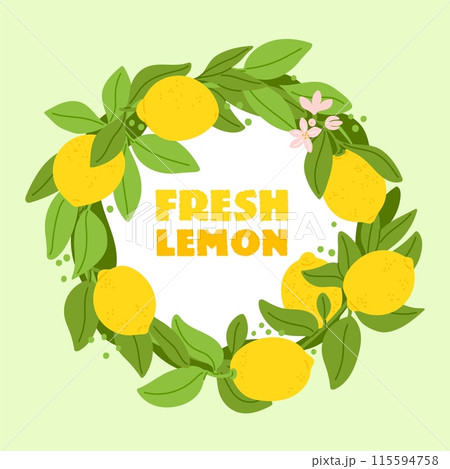 Lemon round frame. Decorative wreath of leaves. Sour juicy yellow fruits. Tropical plant twigs. Flowers and citruses. Botanical composition. Natural food product. Garish vector concept 115594758