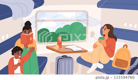 Passengers ride in train carriage. People travel by intercity transport. Girl drinking tea and looks out window. Women sitting at seats. Railway transportation. Garish vector concept 115594760