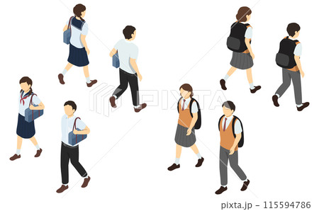 アイソメトリックイラスト：歩く学生(夏服) 115594786
